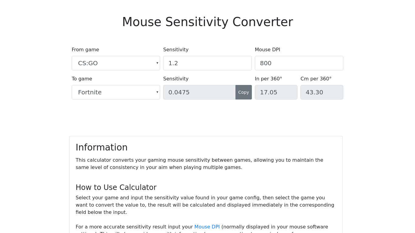 Mouse Sensitivity Converter Landing page