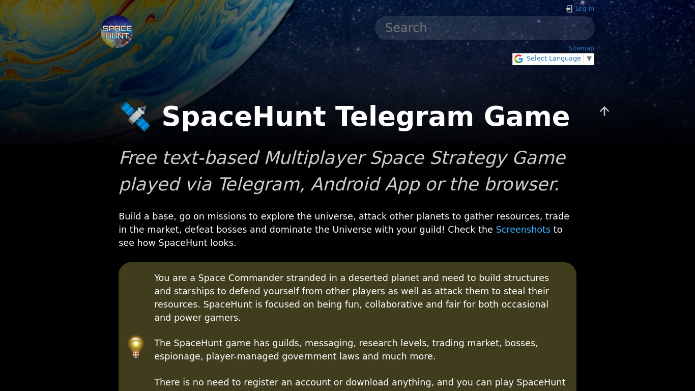 SpaceHunt Game Landing page