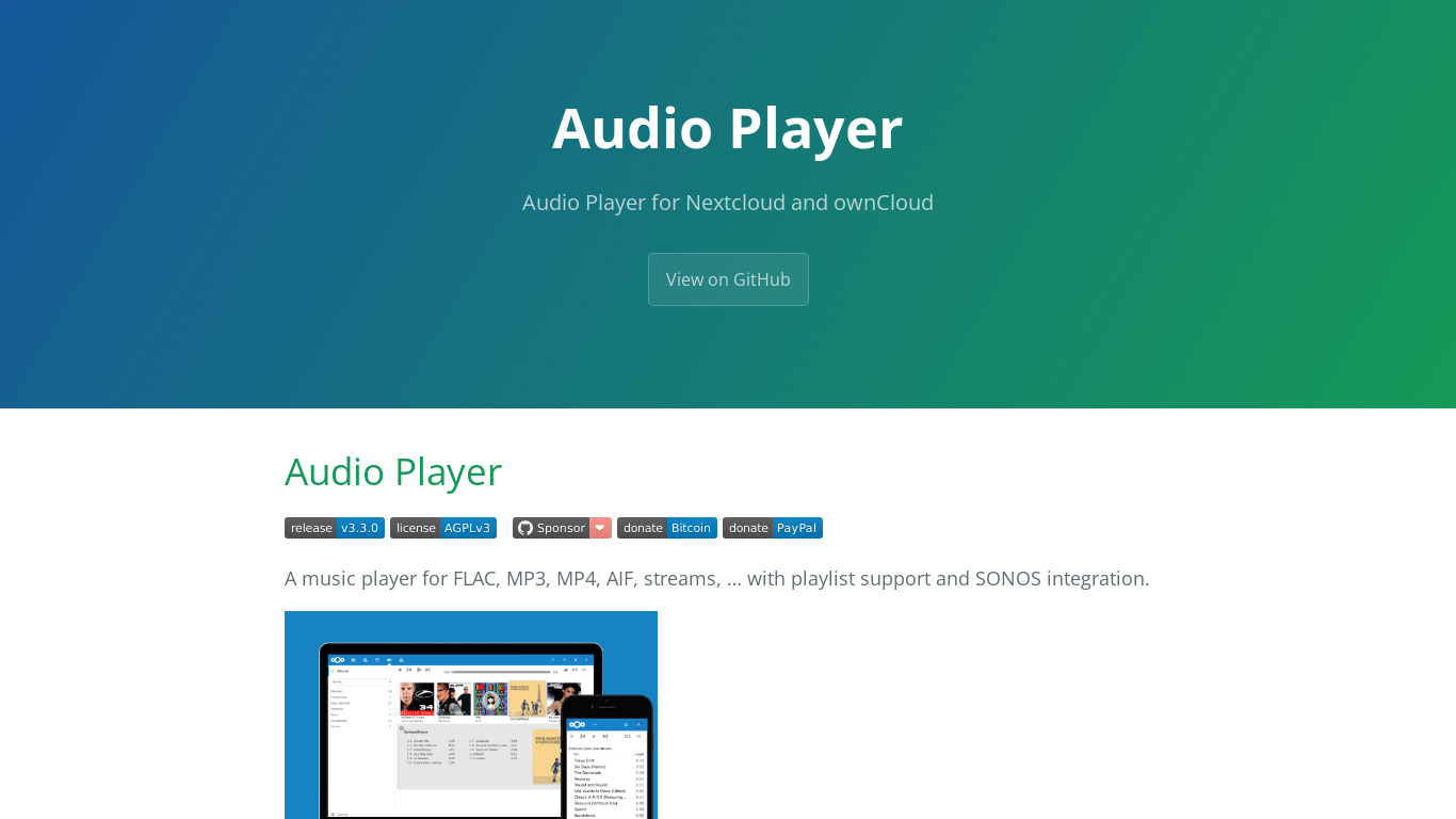 Nextcloud Audio Player Landing page
