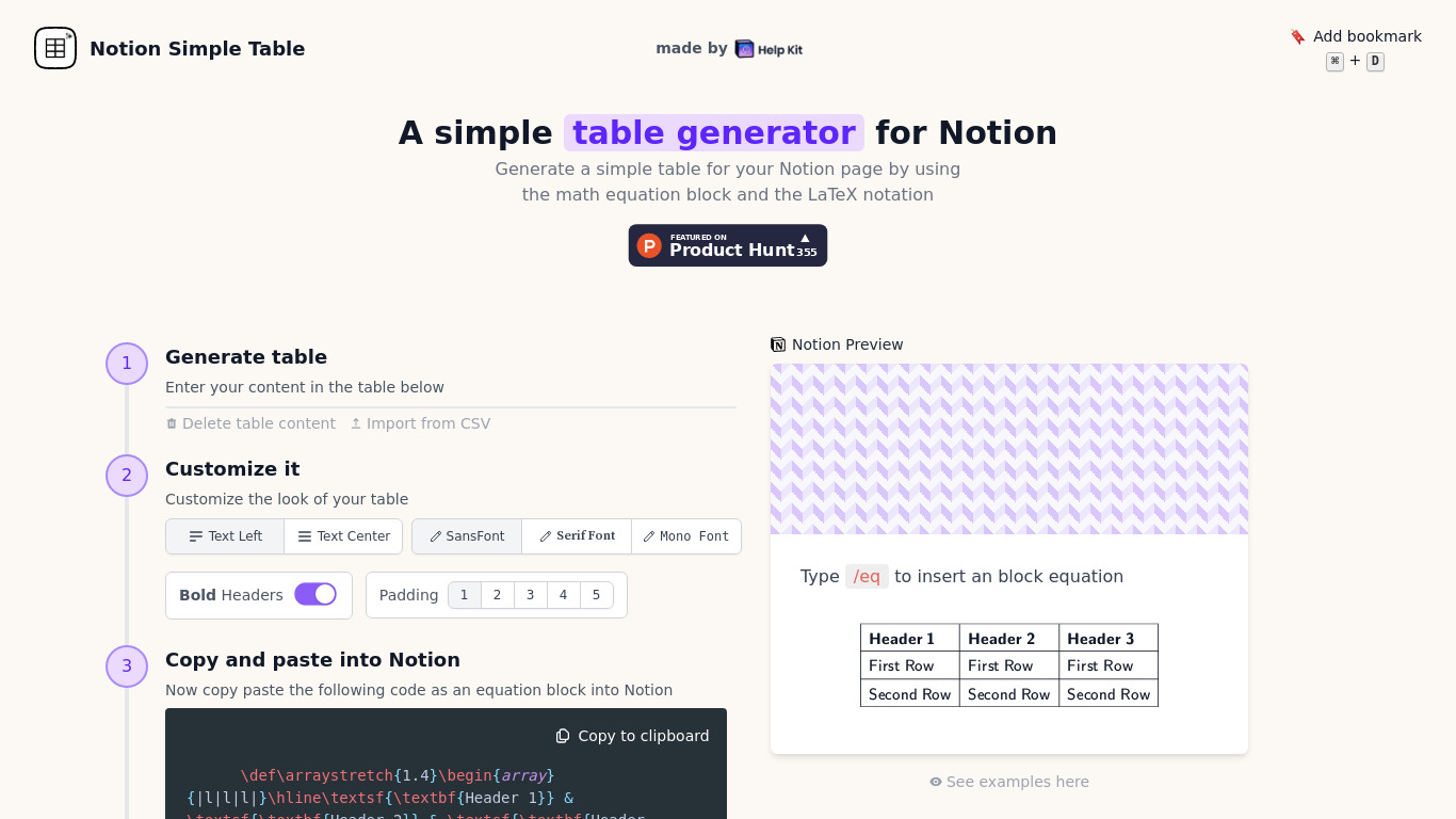 Notion Simple Table by HelpKit Landing page
