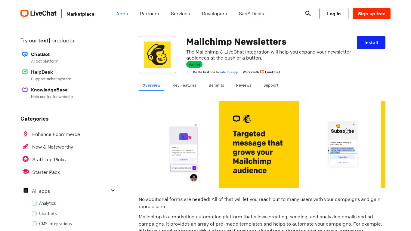 Mailchimp Newsletters widget by LiveChat Landing page