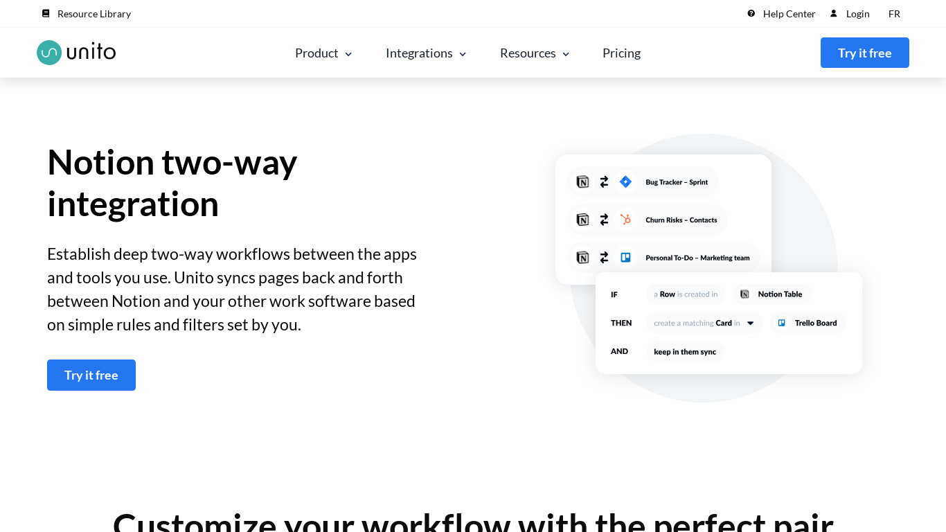 Notion Integrations by Unito Landing page