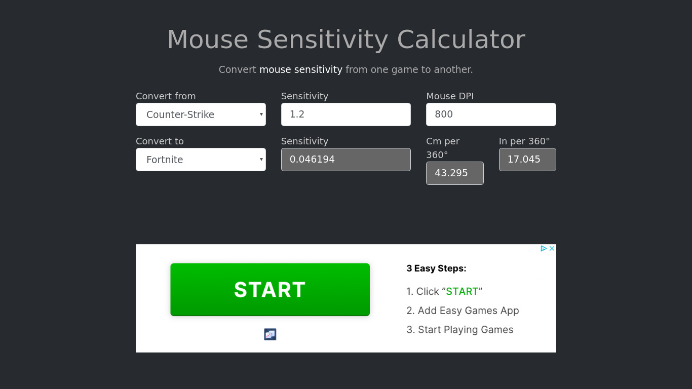 Mouse Sensitivity Calculator Landing page