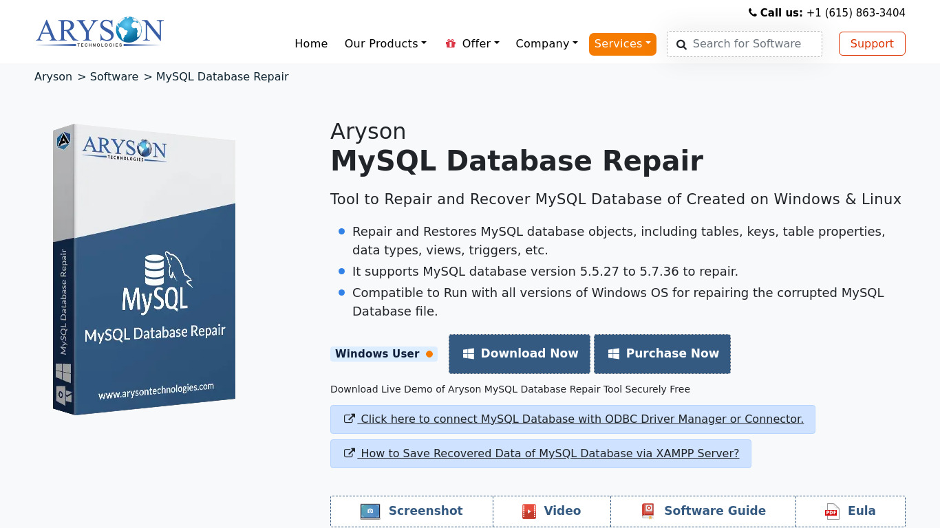 Aryson MySQL Database Repair Landing page