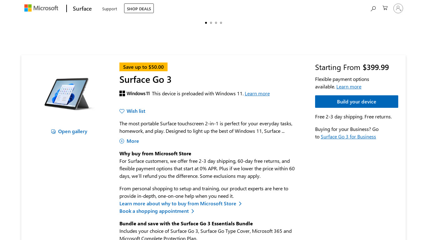 Surface Go Landing page