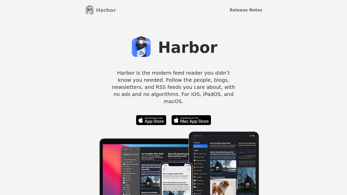 Harbor RSS Reader Landing page