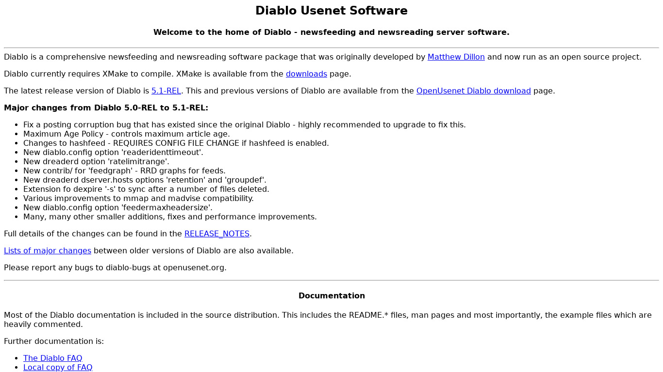 Diablo Usenet Software Landing page