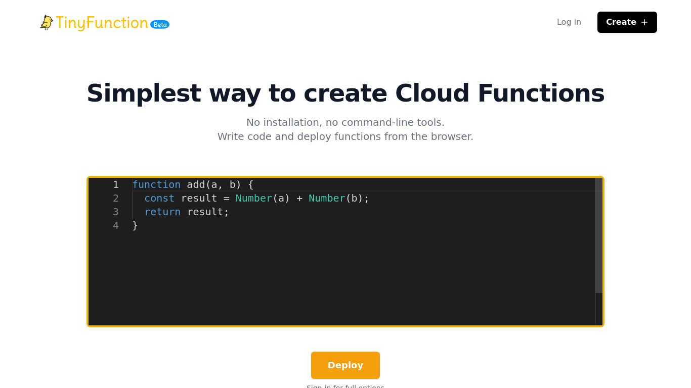 TinyFunction Landing page