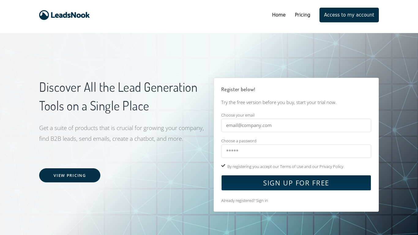 LeadsNook Landing page
