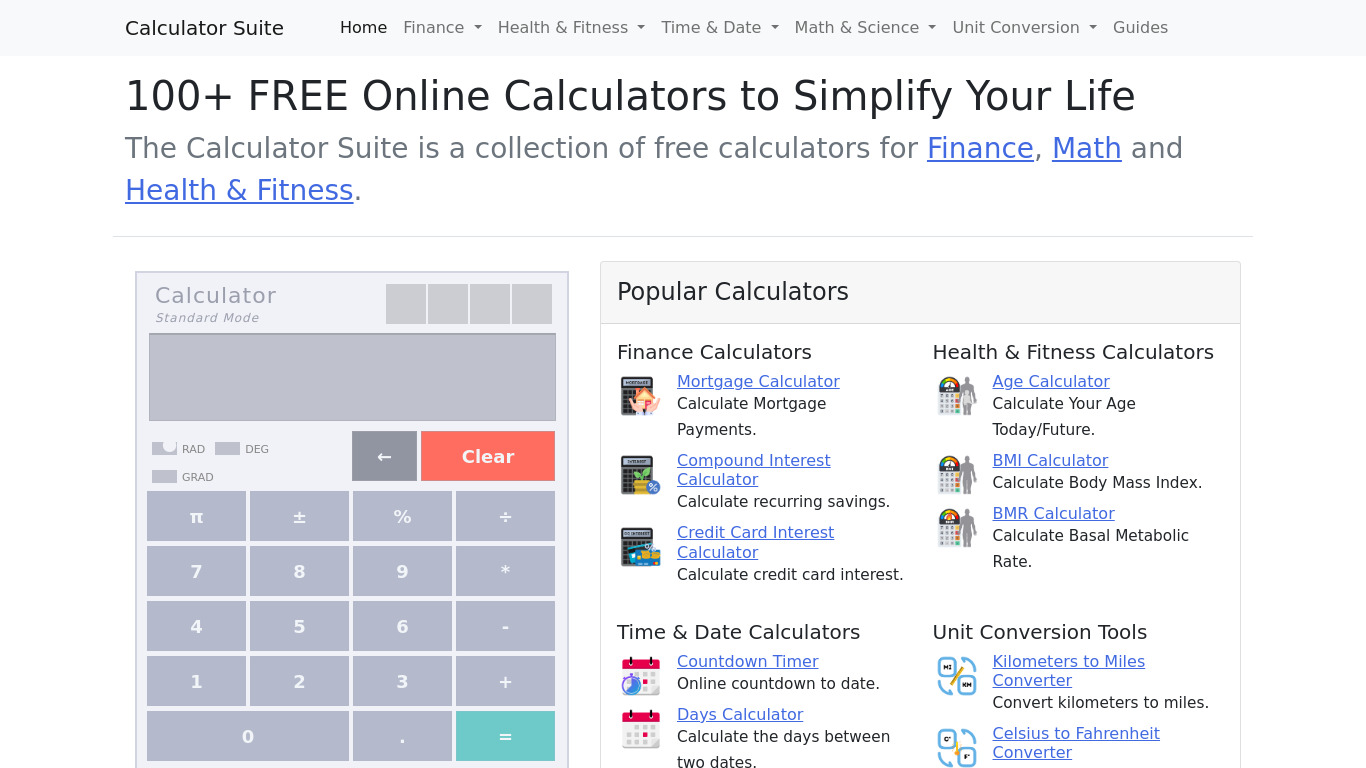 Calculator Suite Landing page