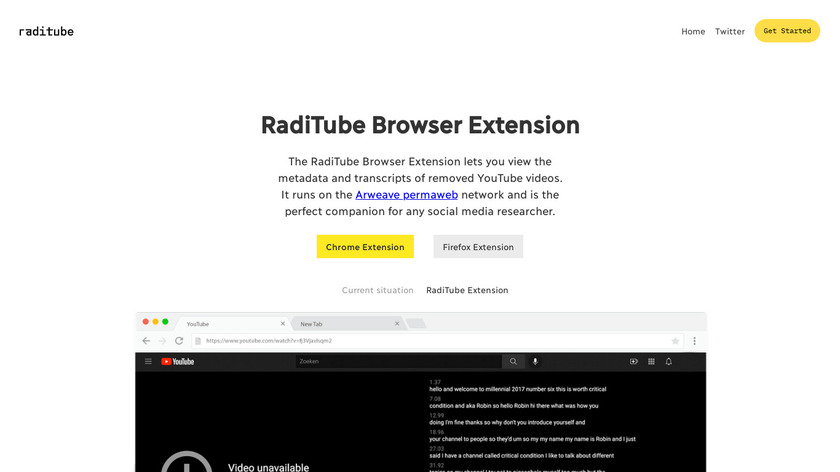 RadiTube Browser Extension Landing Page