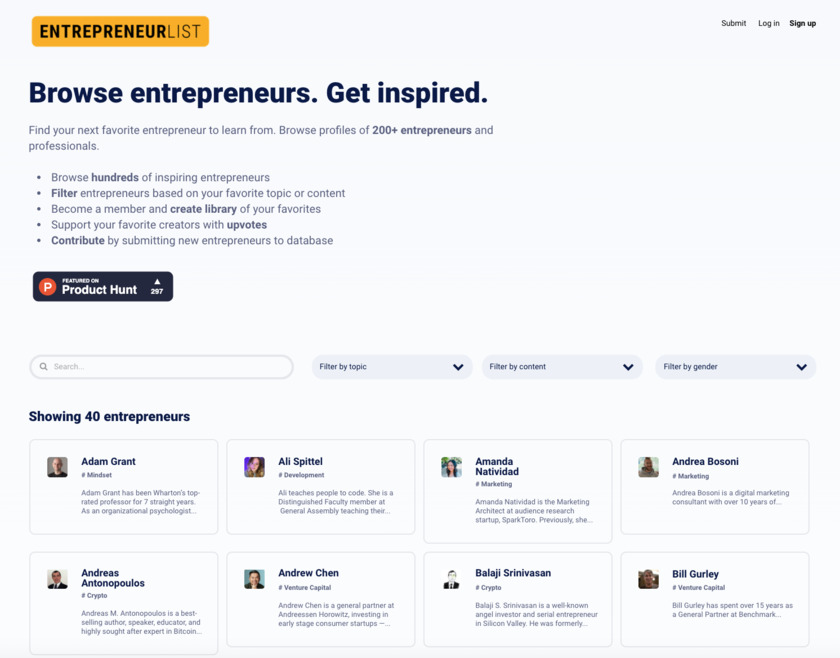 Entrepreneur List Landing Page