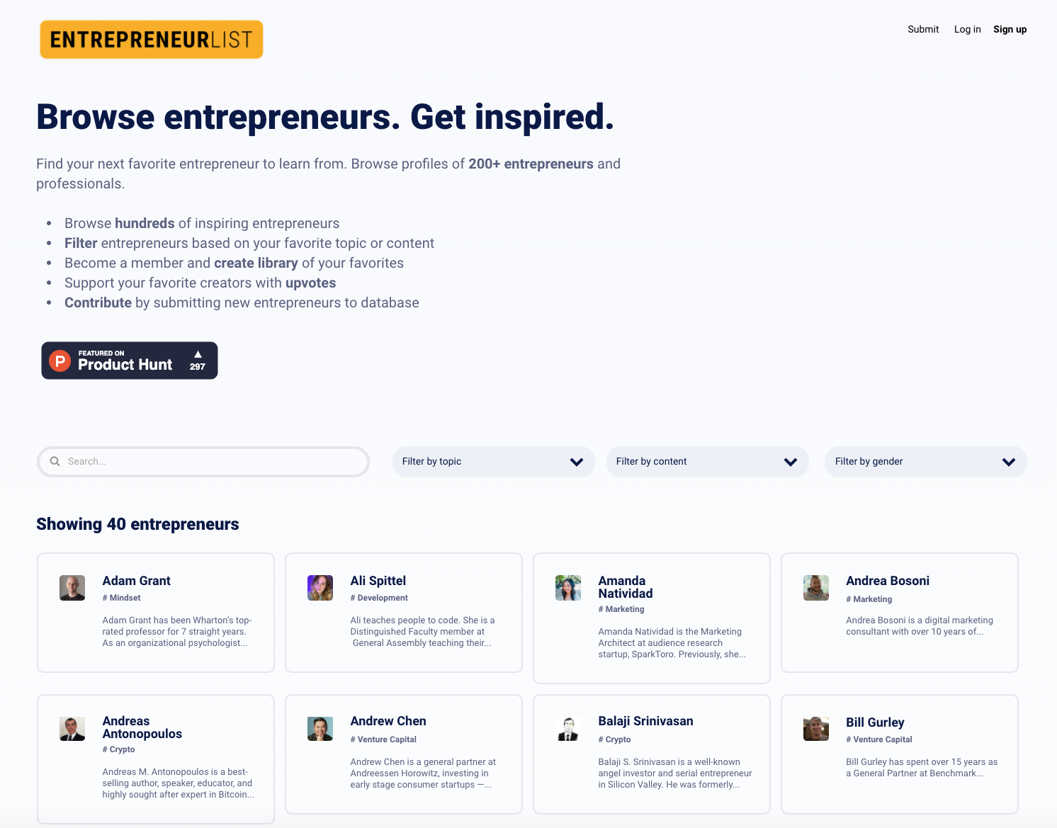 Entrepreneur List Landing page
