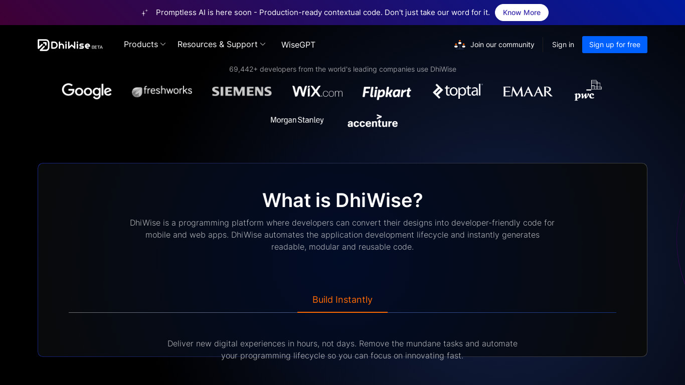 DhiWise Landing page