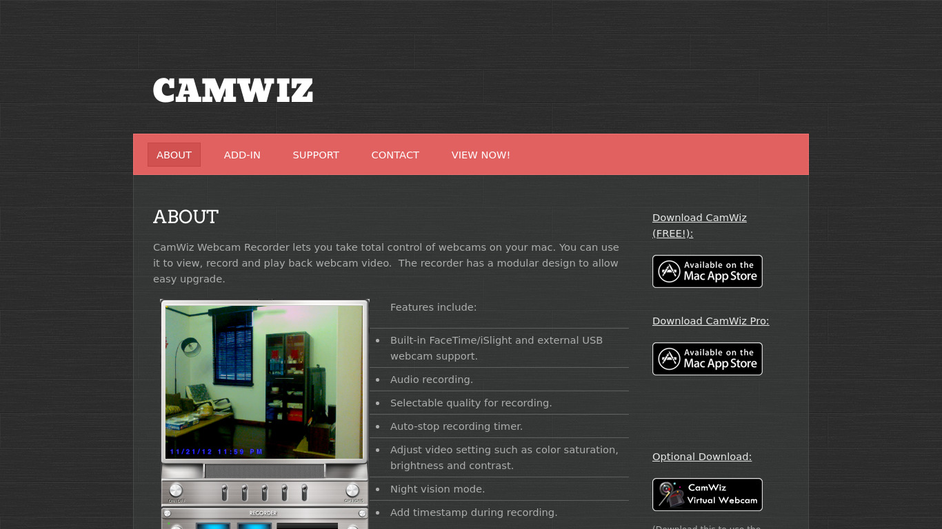 Camwiz Webcam Recorder Landing page