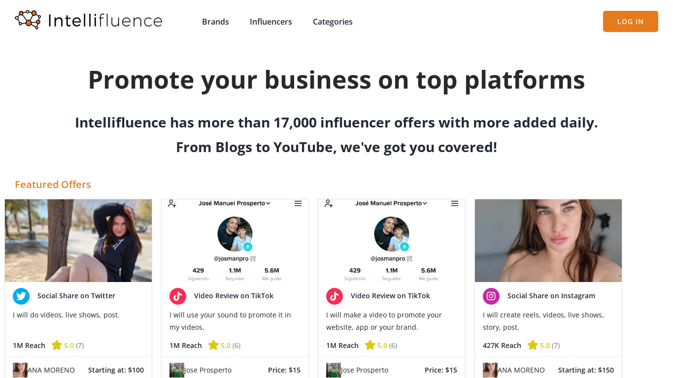 Influencer Offers by Intellifluence Landing page