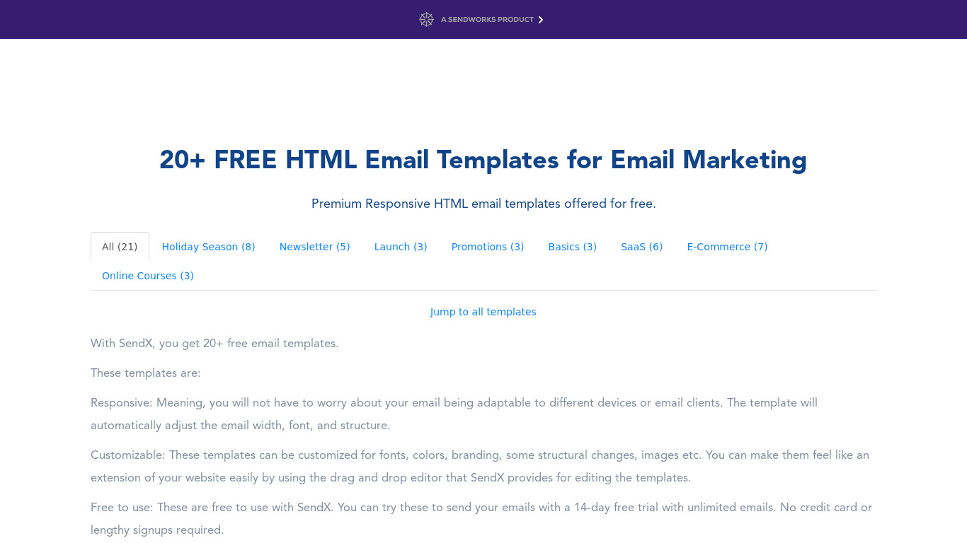 Premium Email Templates by SendX Landing page