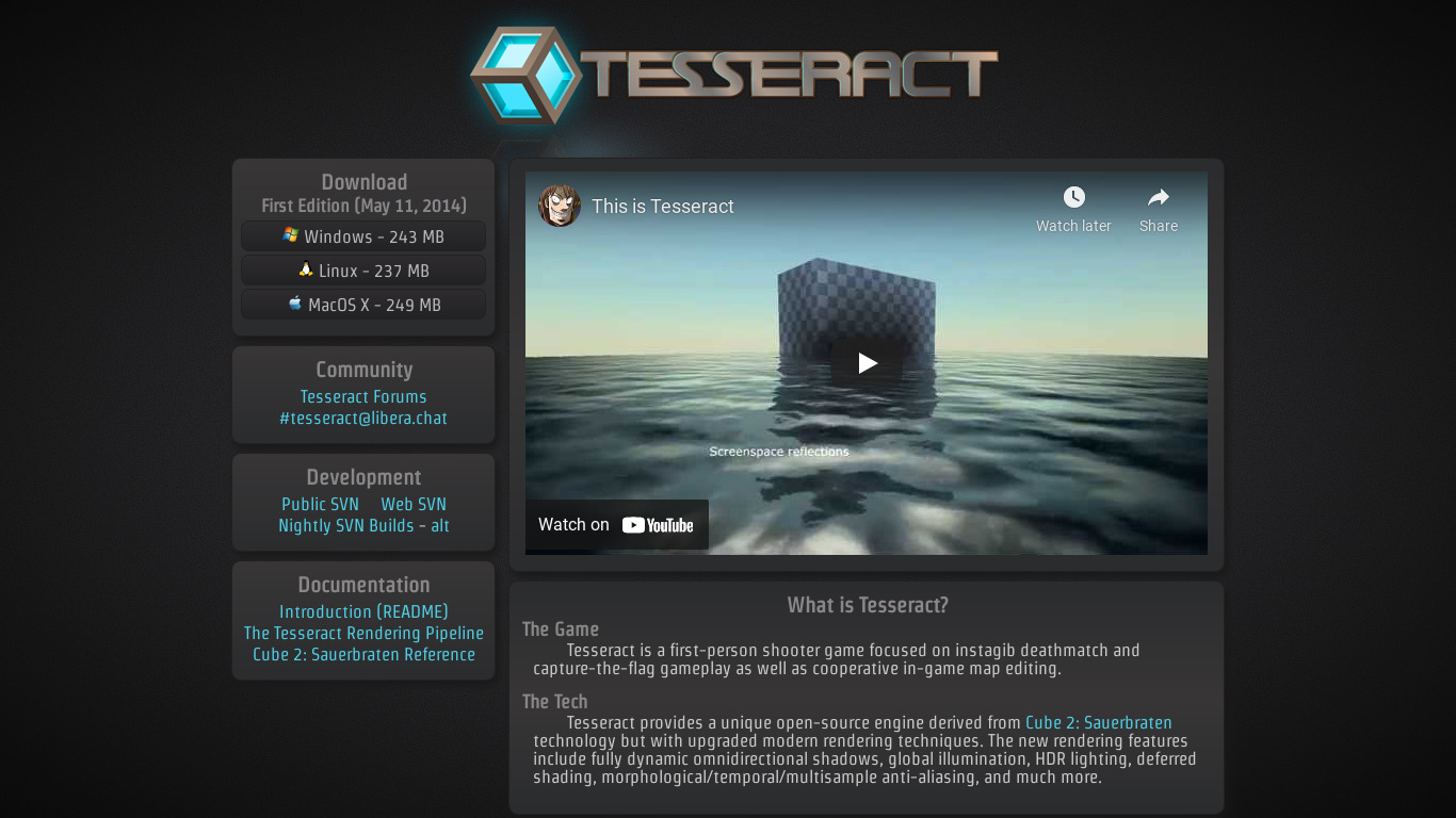 Tesseract (game) Landing page