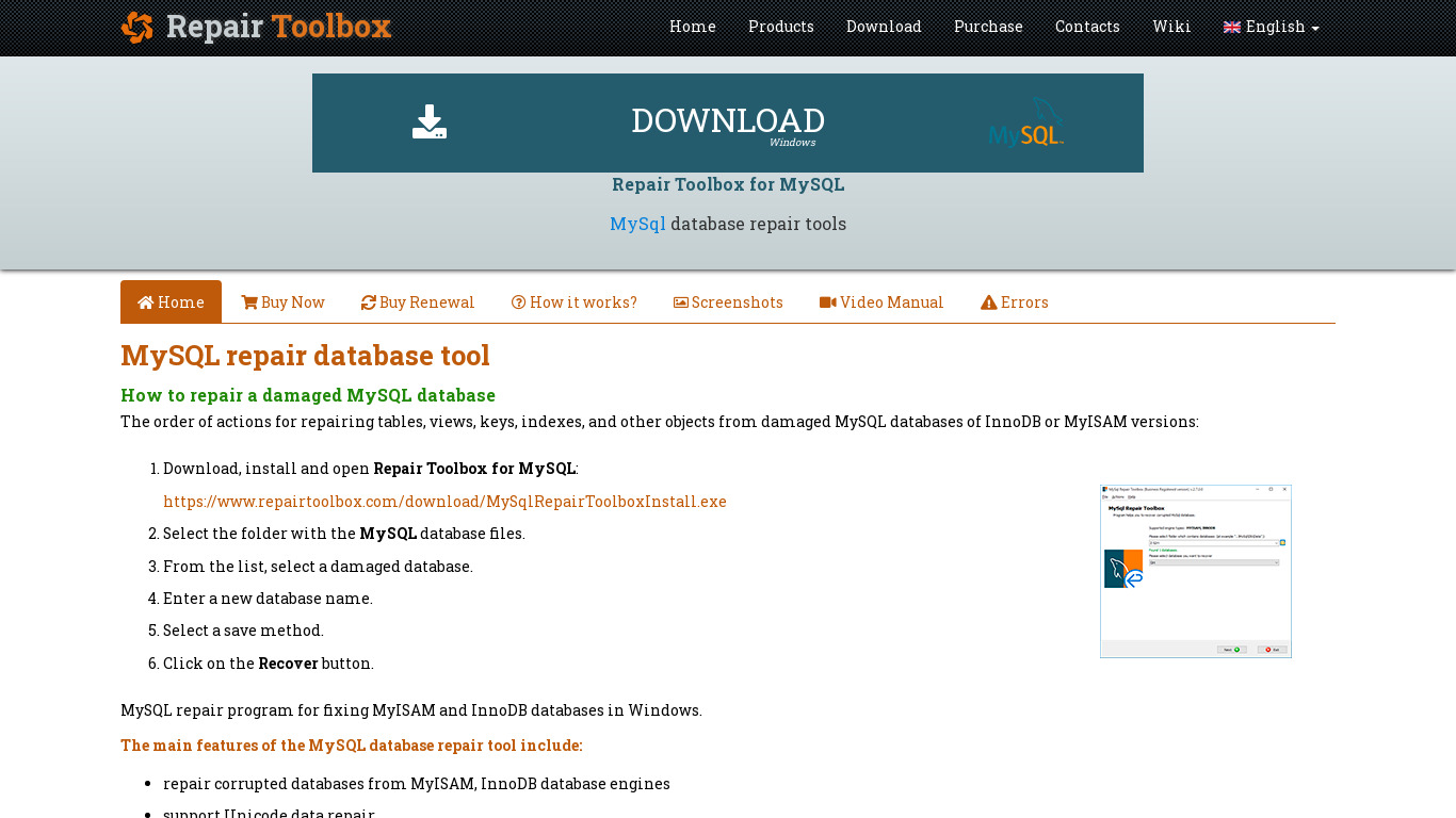 Repair Toolbox for MySQL Landing page