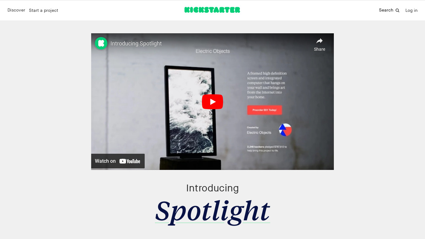 Kickstarter Spotlight Landing page