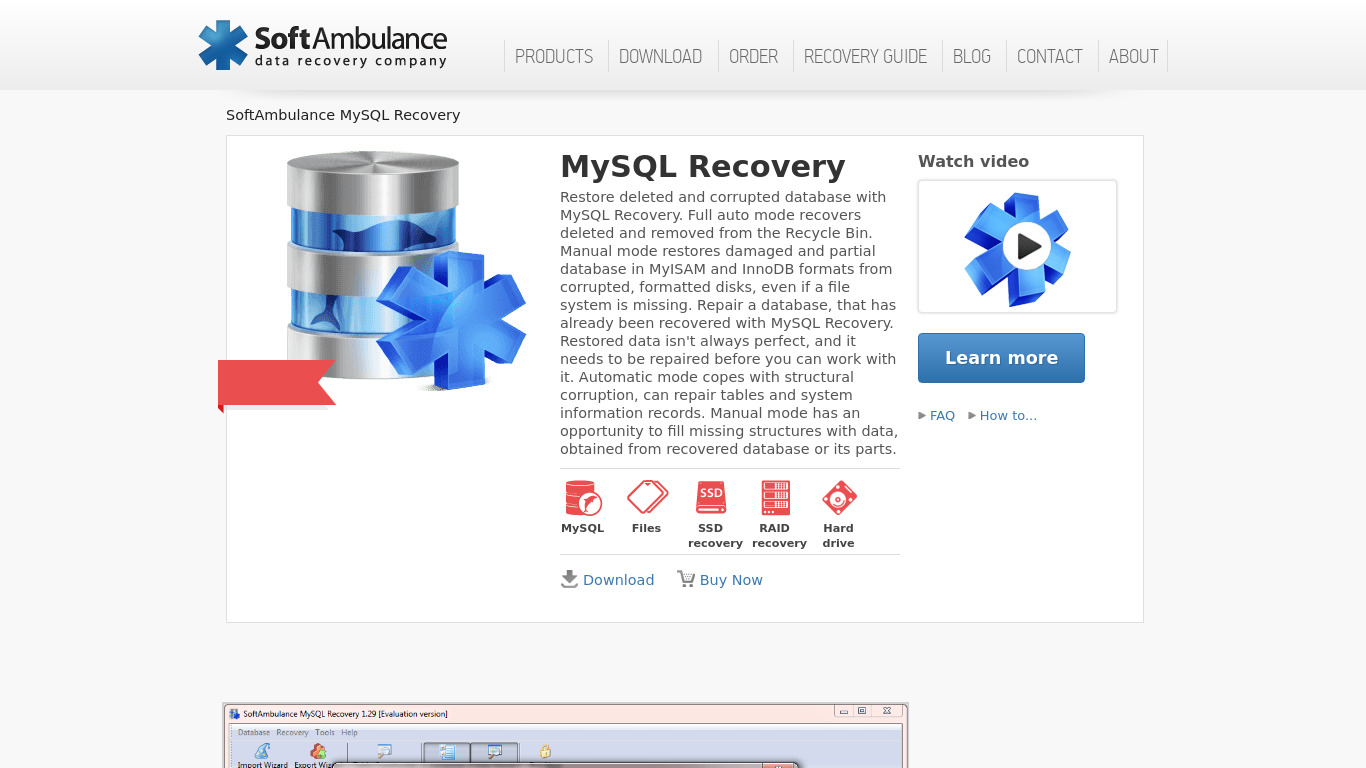 SoftAmbulance MySQL Recovery Landing page