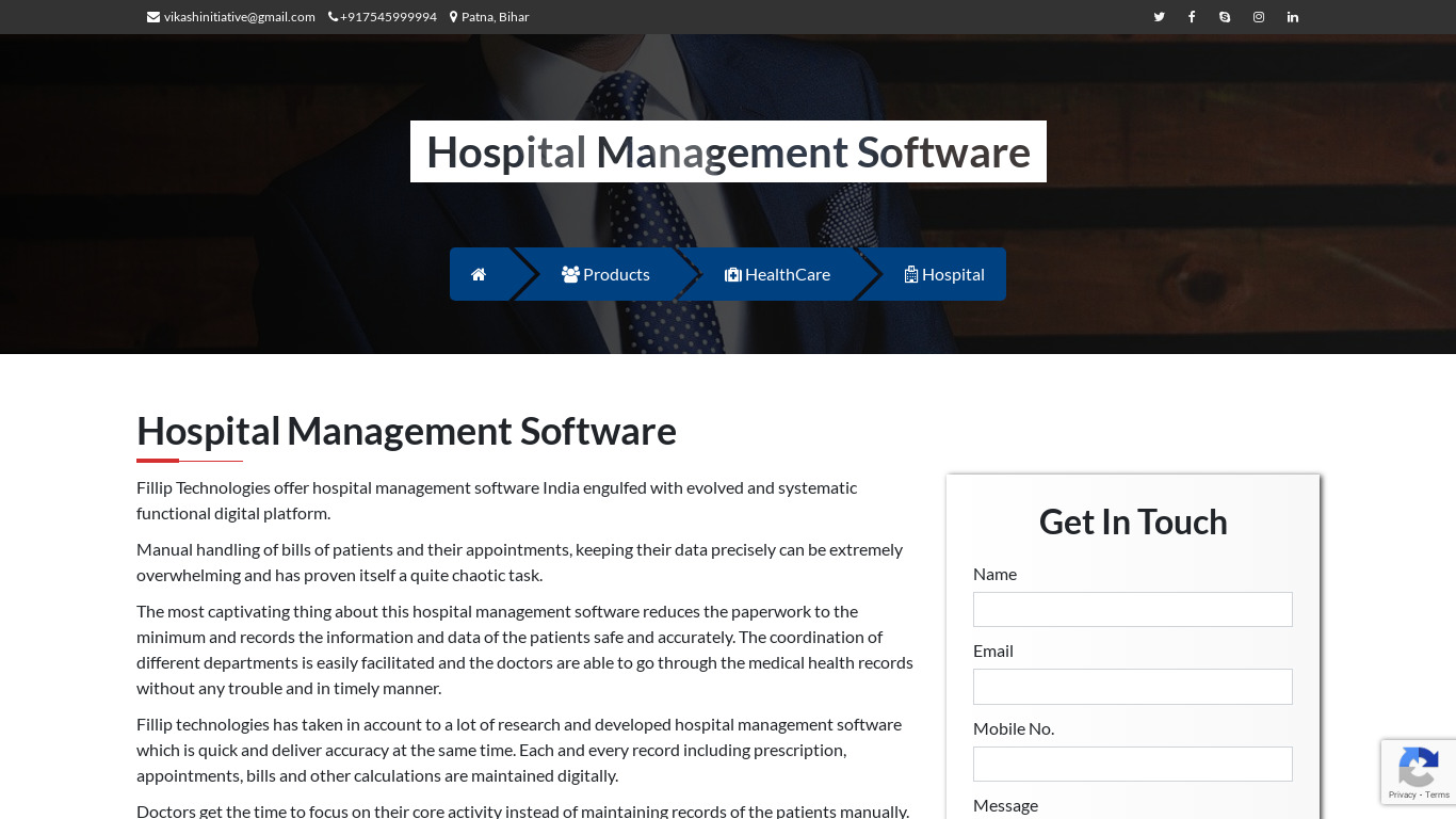 Fillip ERP Hospital Management Software Landing page