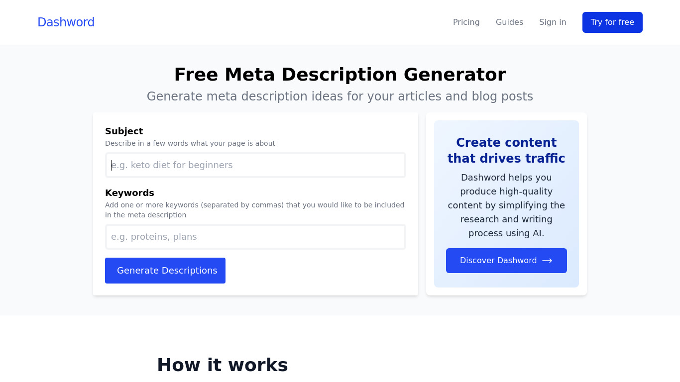 Meta Description Generator Landing page