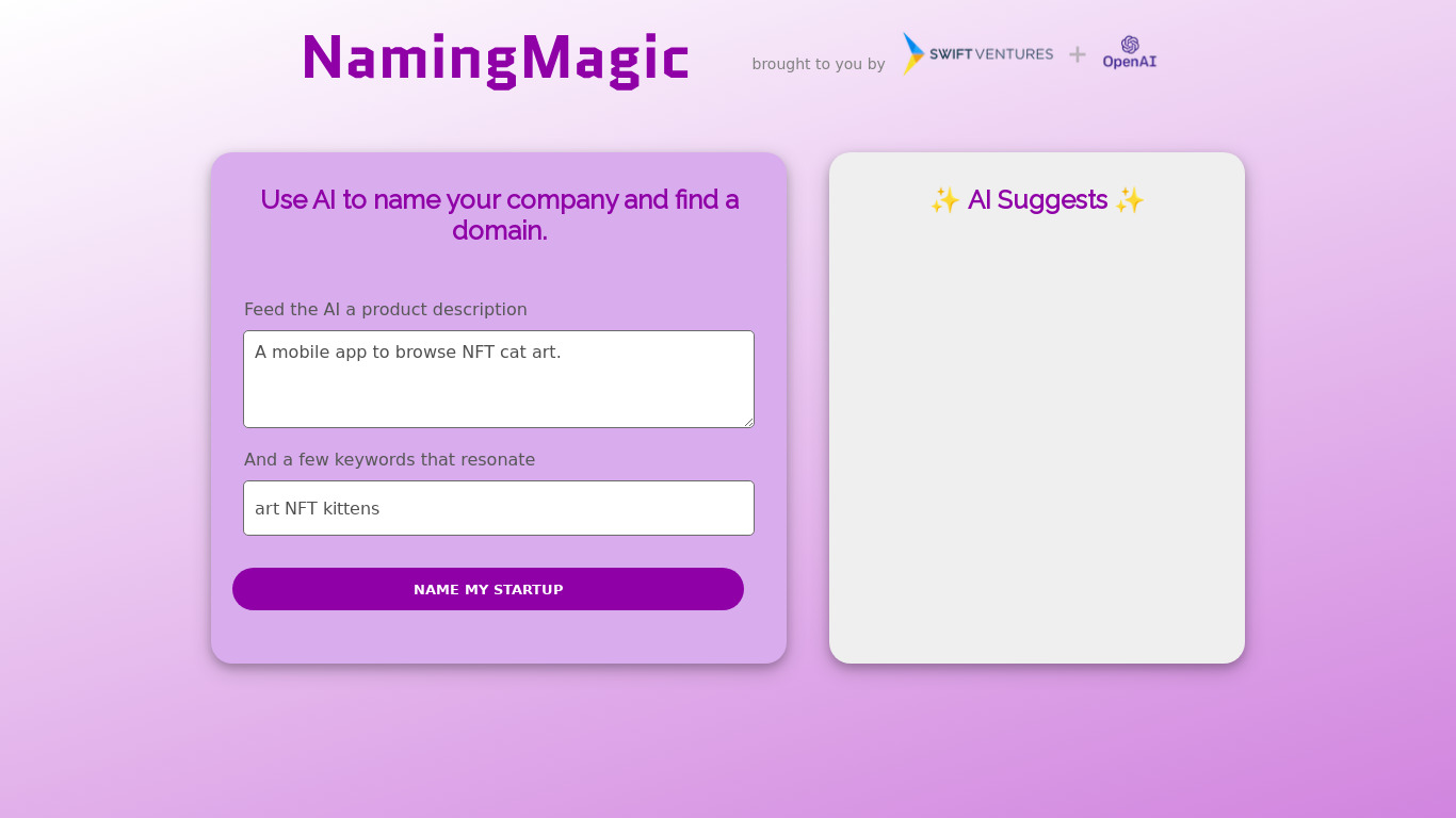 Naming Magic Landing page