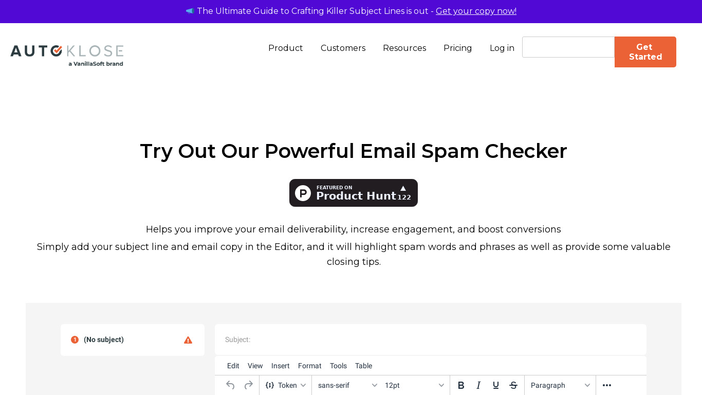 Email Spam Checker by Autoklose Landing page