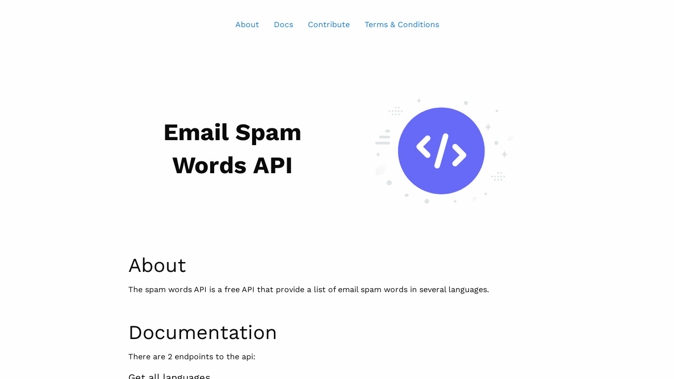 Email Spam Words API Landing page
