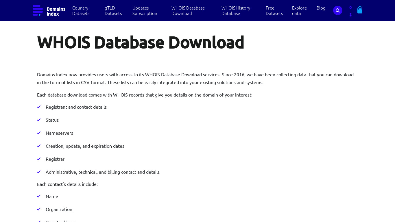 Domains Index WHOIS Database Download Landing page
