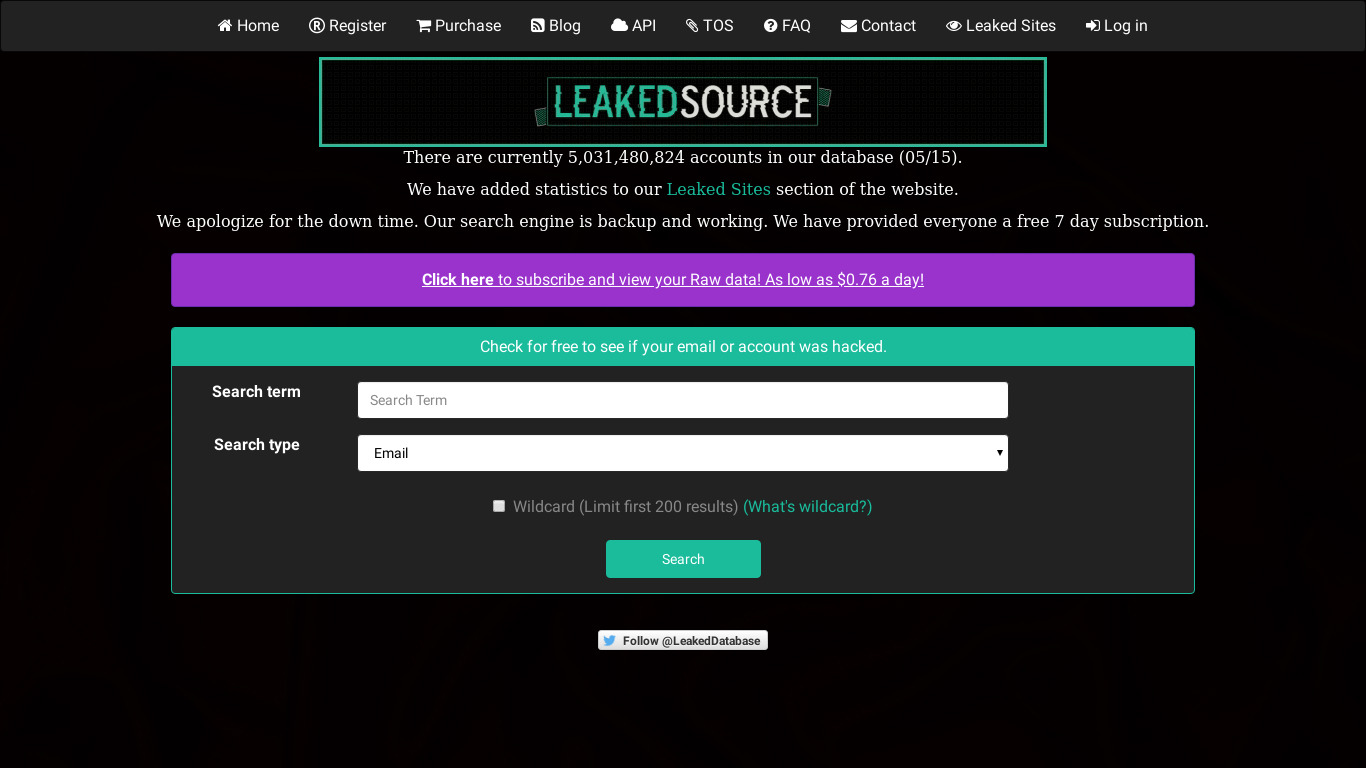 LeakedSource Landing page