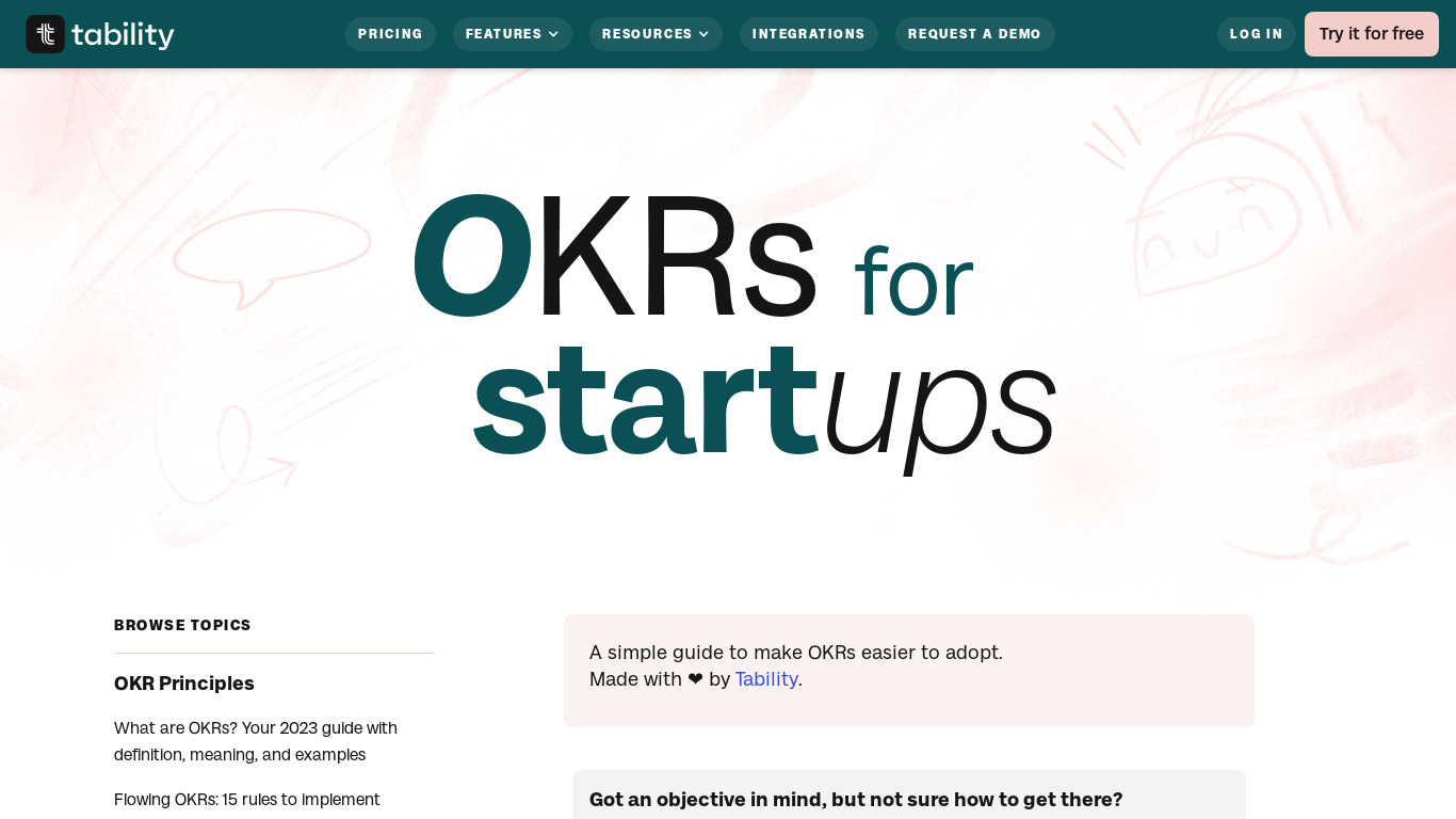 OKRs for Startups Landing page