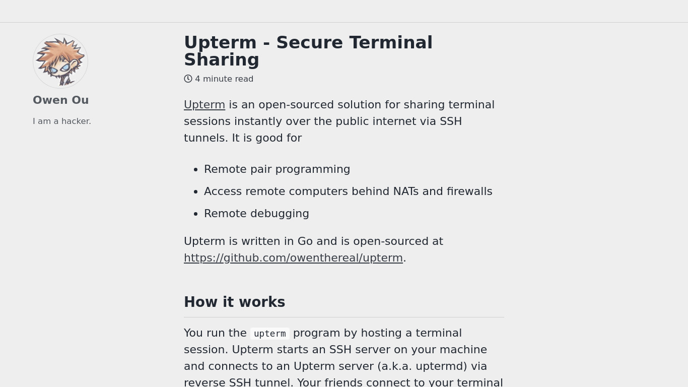 Upterm - Secure Terminal Sharing Landing page