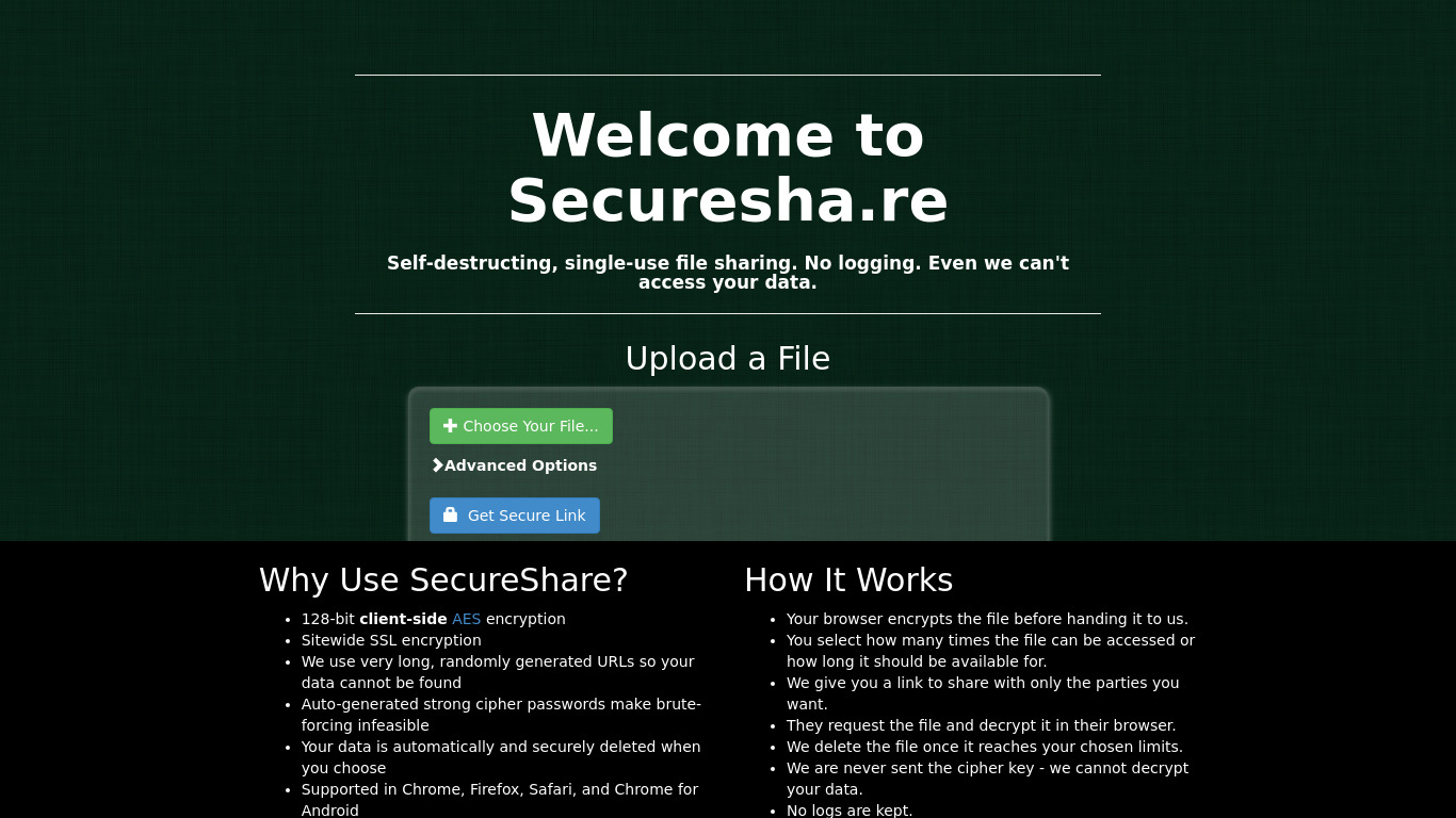 Securesha.re Landing page