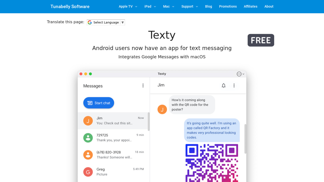 Texty for Google Messages Landing page