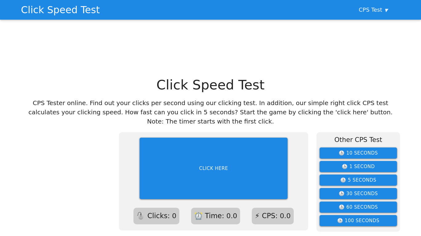 Click Speed Tester Landing page