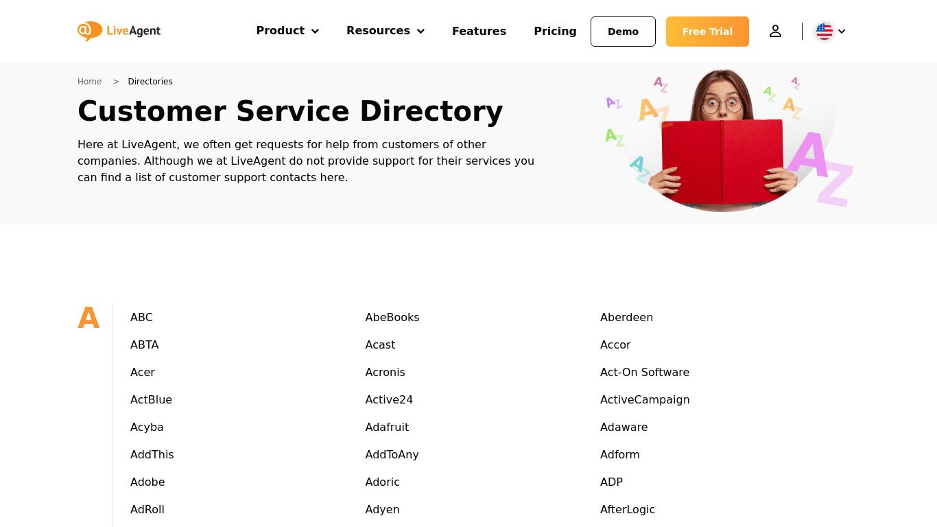 LiveAgent Customer Service Directory Landing page