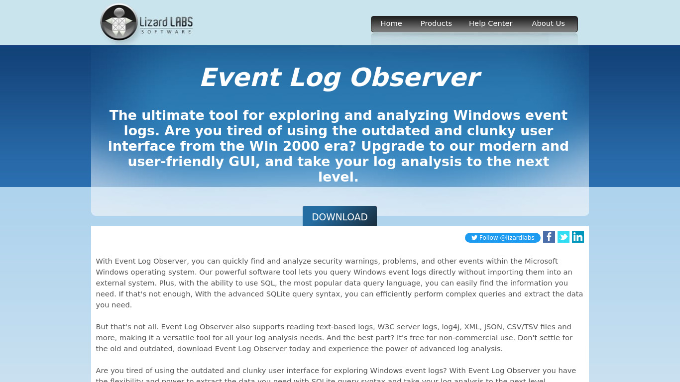 Event Log Observer Landing page