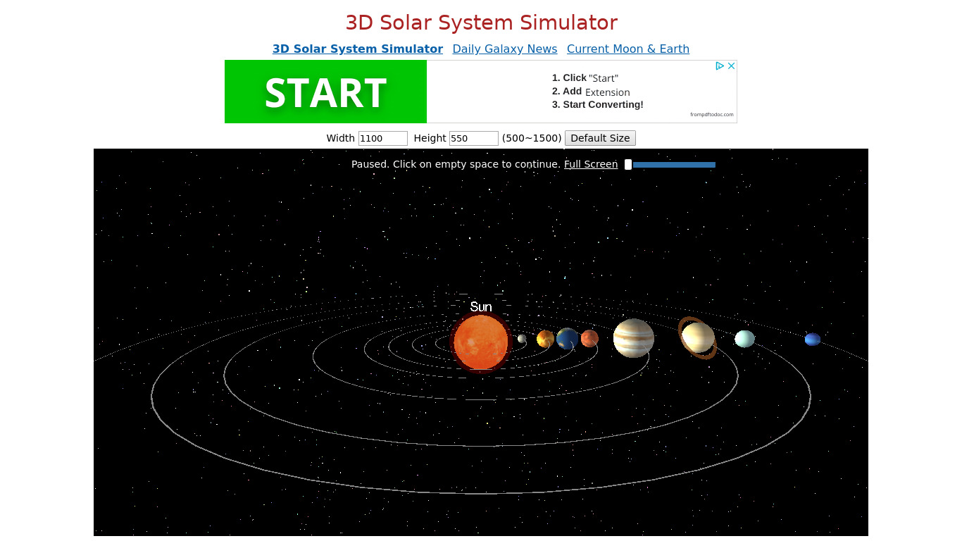 Solar System 3D Simulator Landing page