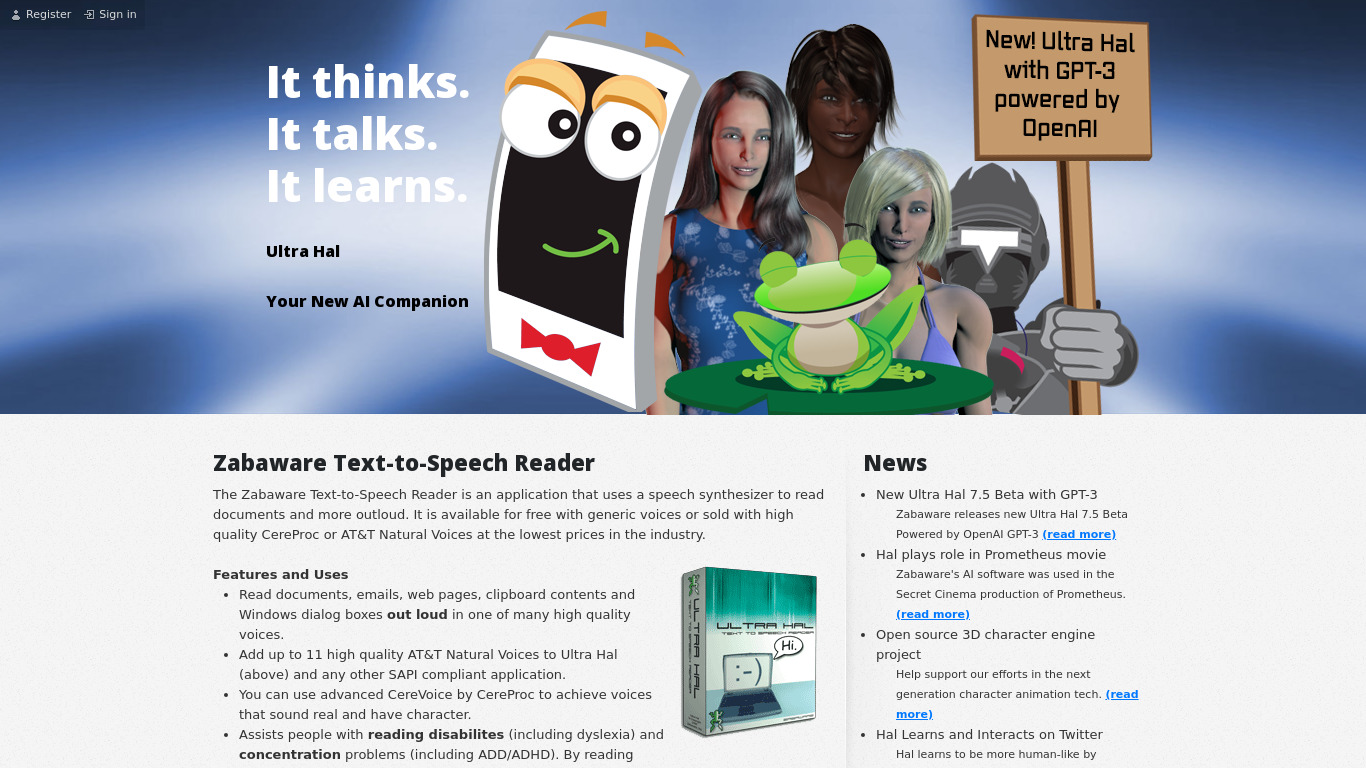 Zabaware Text-to-Speech Reader Landing page