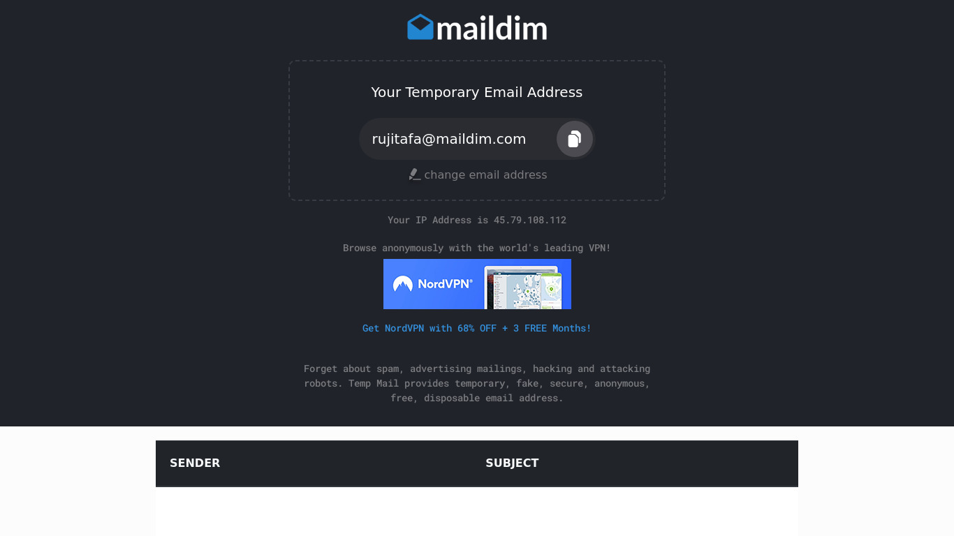 Maildim Landing page