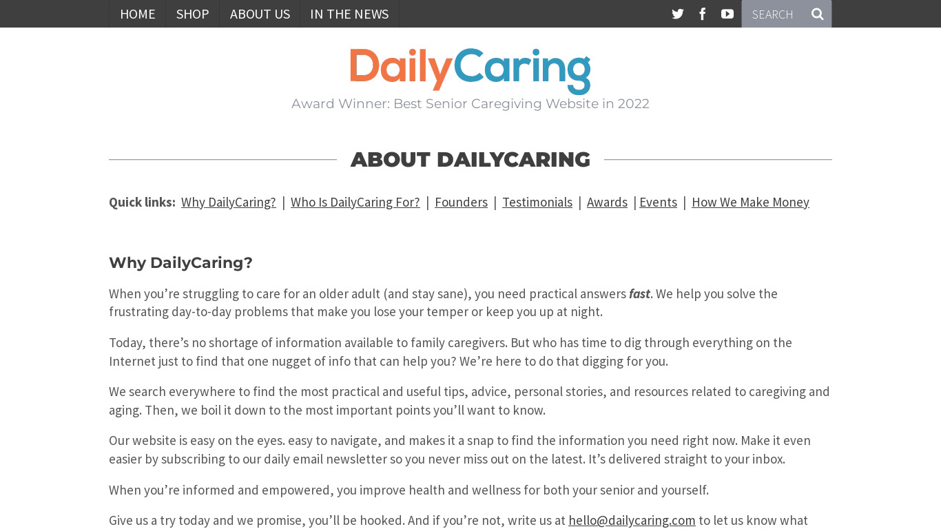 Daily Caring Landing page