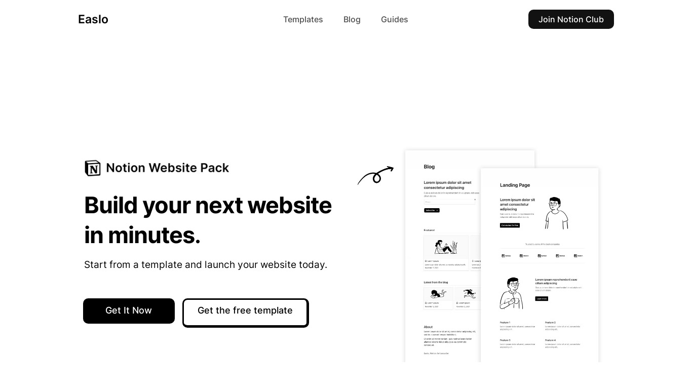 easlo.co Notion Website Pack Landing page