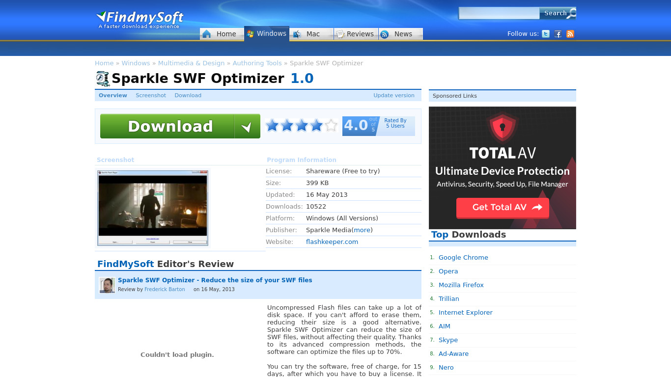 Sparkle SWF Optimizer Landing page