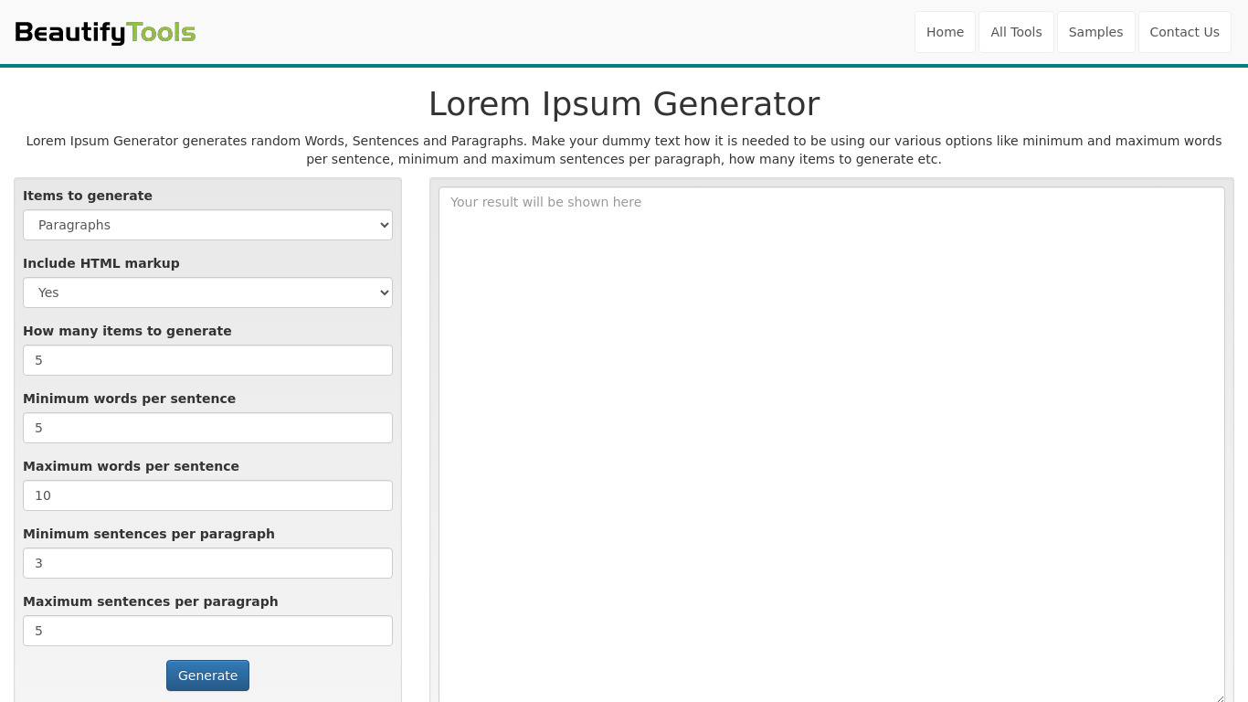 Lorem Ipsum Generator Landing page