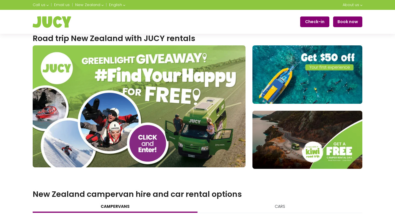Jucy RV Rentals Landing page