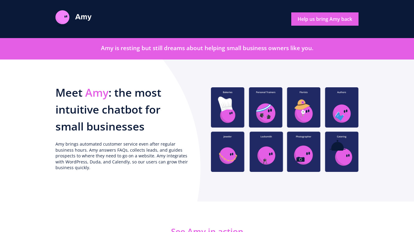 Amy Chatbot (BETA) Landing page
