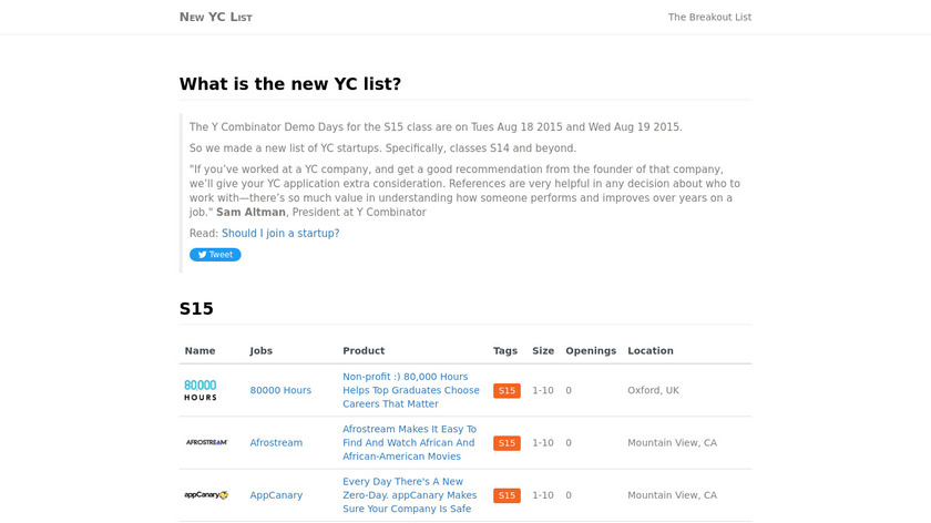 New YC List Landing Page