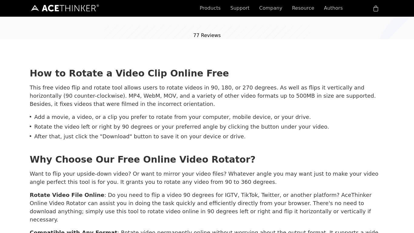 AceThinker Free Online Video Rotator Landing page